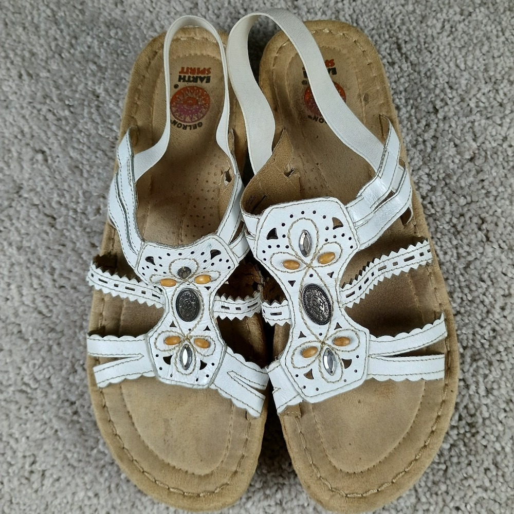 Earth Spirit Portland White Leather Beaded Comfort Sandals Women's Size